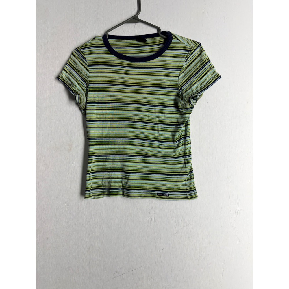 Nautica Jeans Co Vintage Y2K Striped Baby Tee Green Navy Blue XS Ribbed Cotton